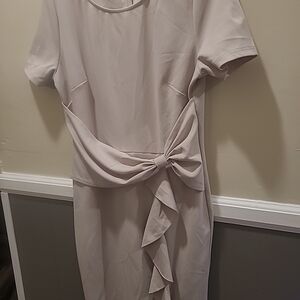 AISIZE Women's Large 50s Vintage Ruffle Peplum Cocktail Pencil Knee Dress Beige